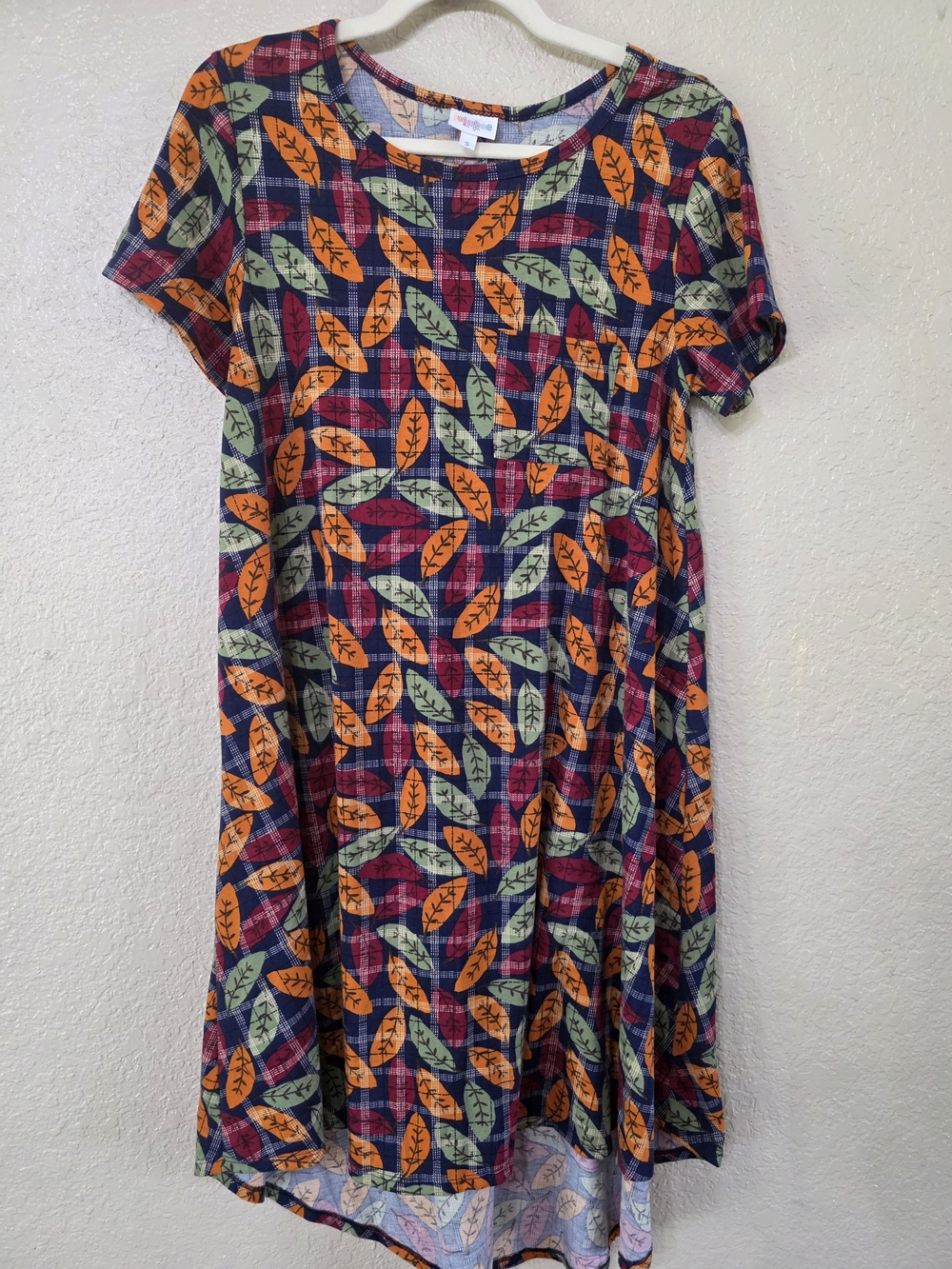 LuLaRoe Short Sleeve Midi Dress in Purple, Orange & Green Leaf Print